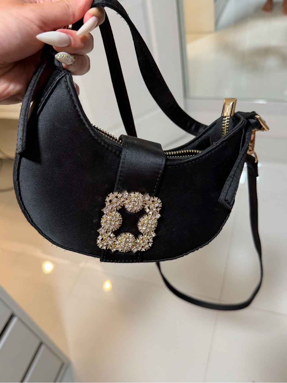 Black Satin Crescent Shoulder Bag with Crystal Buckle